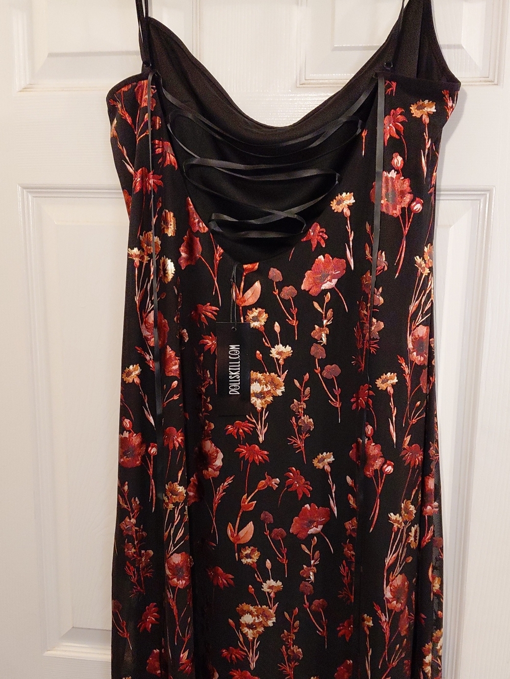 DOLLSKILL CURRENT MOOD MAXI XXL Black Slip Dress with Burnt Orange Floral Print - Picture 14 of 16